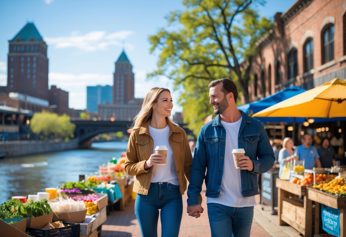 A couple walking hand-in-hand by a riverside market, each holding a coffee cup, with trees and buildings in the background.