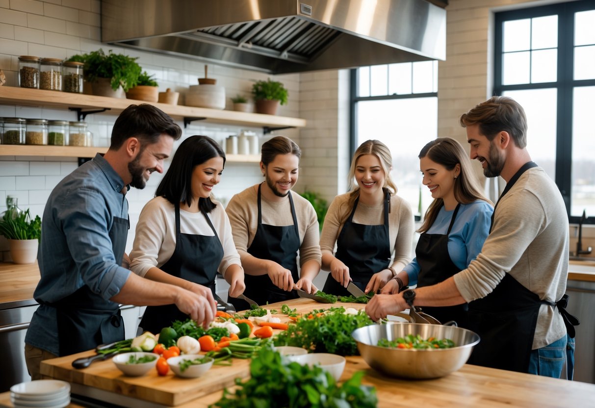 Couples cooking together in a bright kitchen studio, preparing food and enjoying a cooking class.