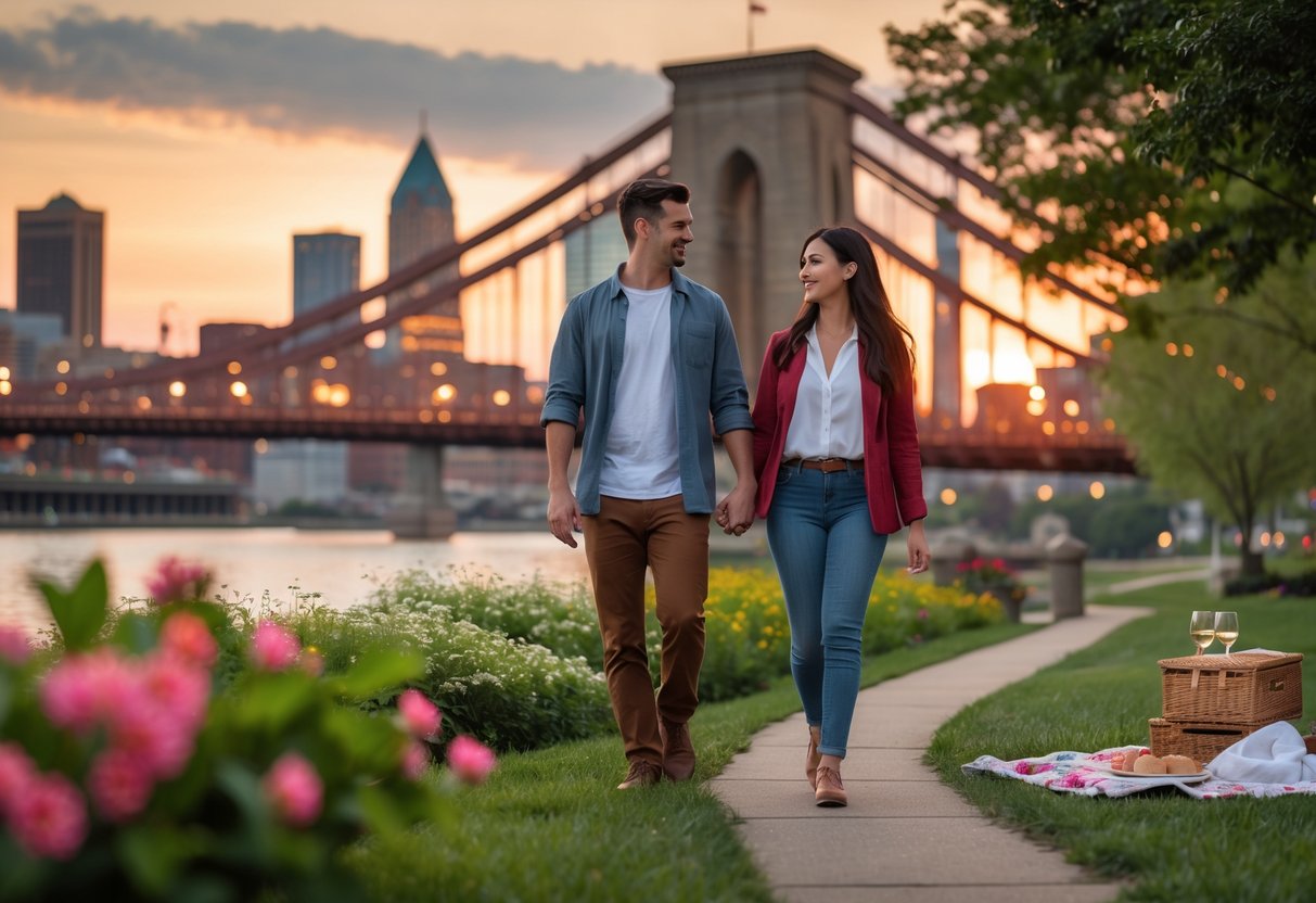 A young couple walking hand-in-hand along the Cincinnati riverfront at sunset with the city skyline and Roebling Suspension Bridge in the background.