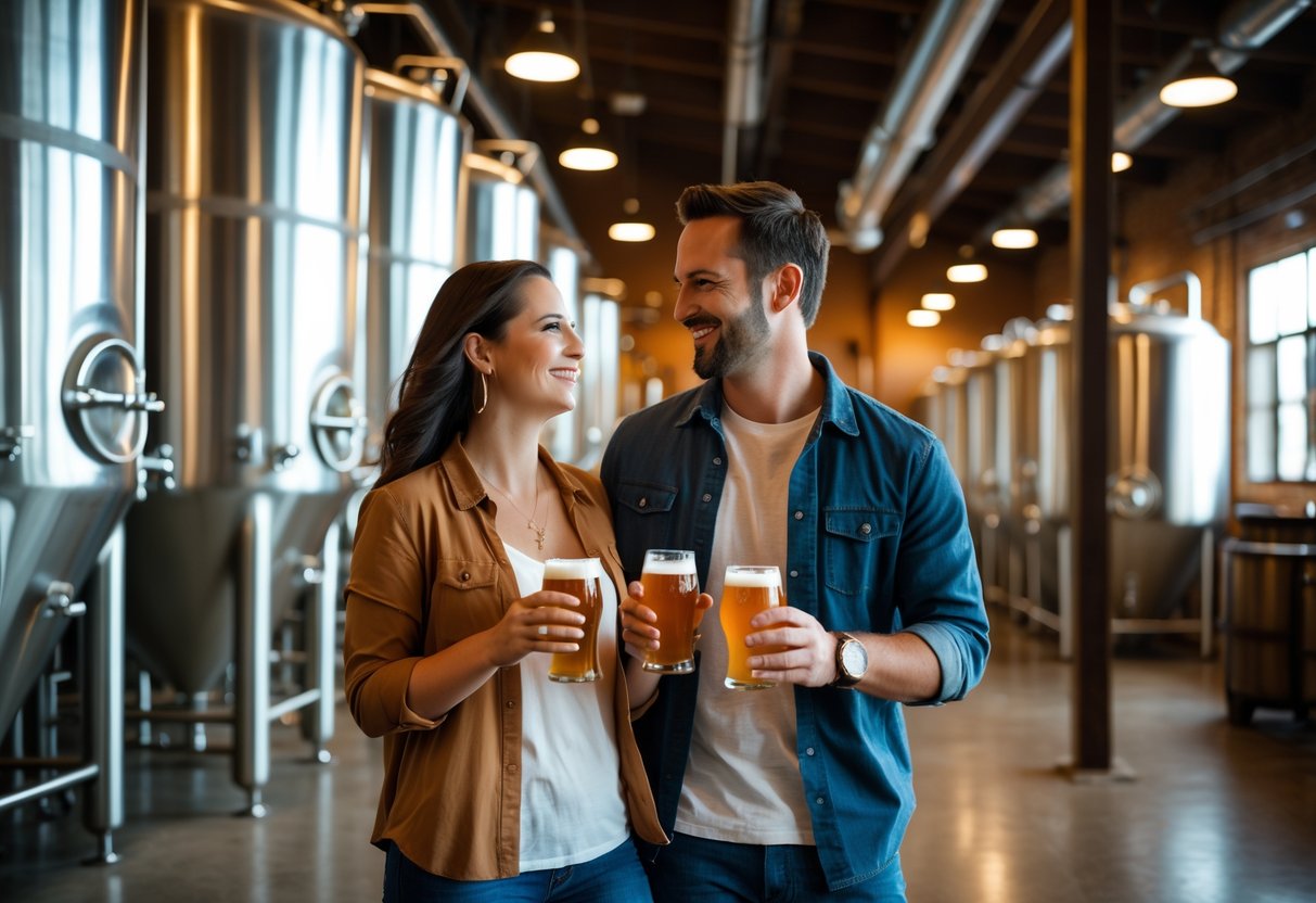 A couple walking through a brewery with large brewing tanks, holding glasses of beer and smiling.