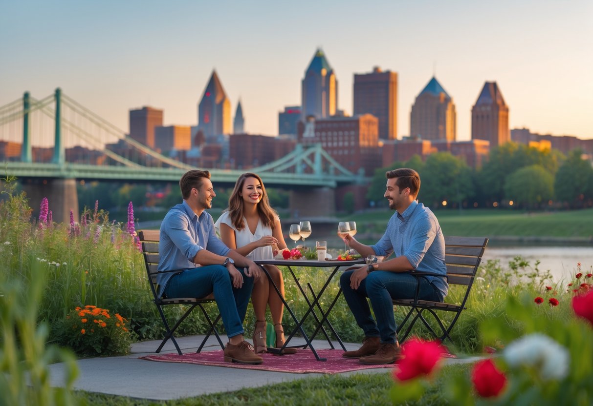 A young couple enjoying a romantic outdoor picnic with the Cincinnati skyline in the background.