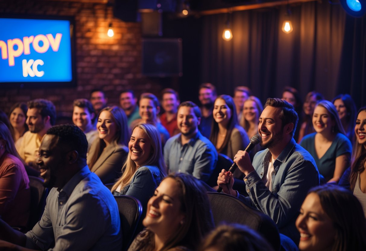 A comedian performing on stage in a comedy club with an audience laughing and enjoying the show.