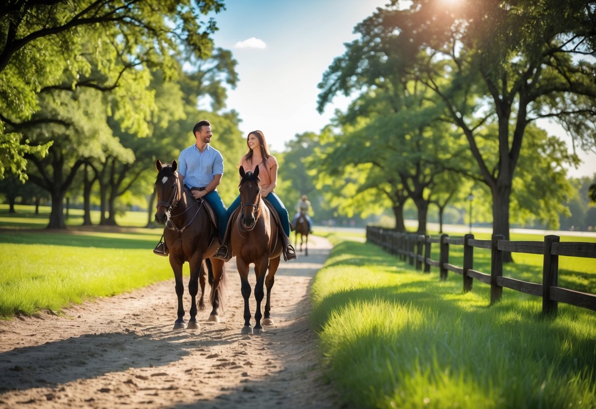 A couple horseback riding together on a tree-lined trail in a green park.