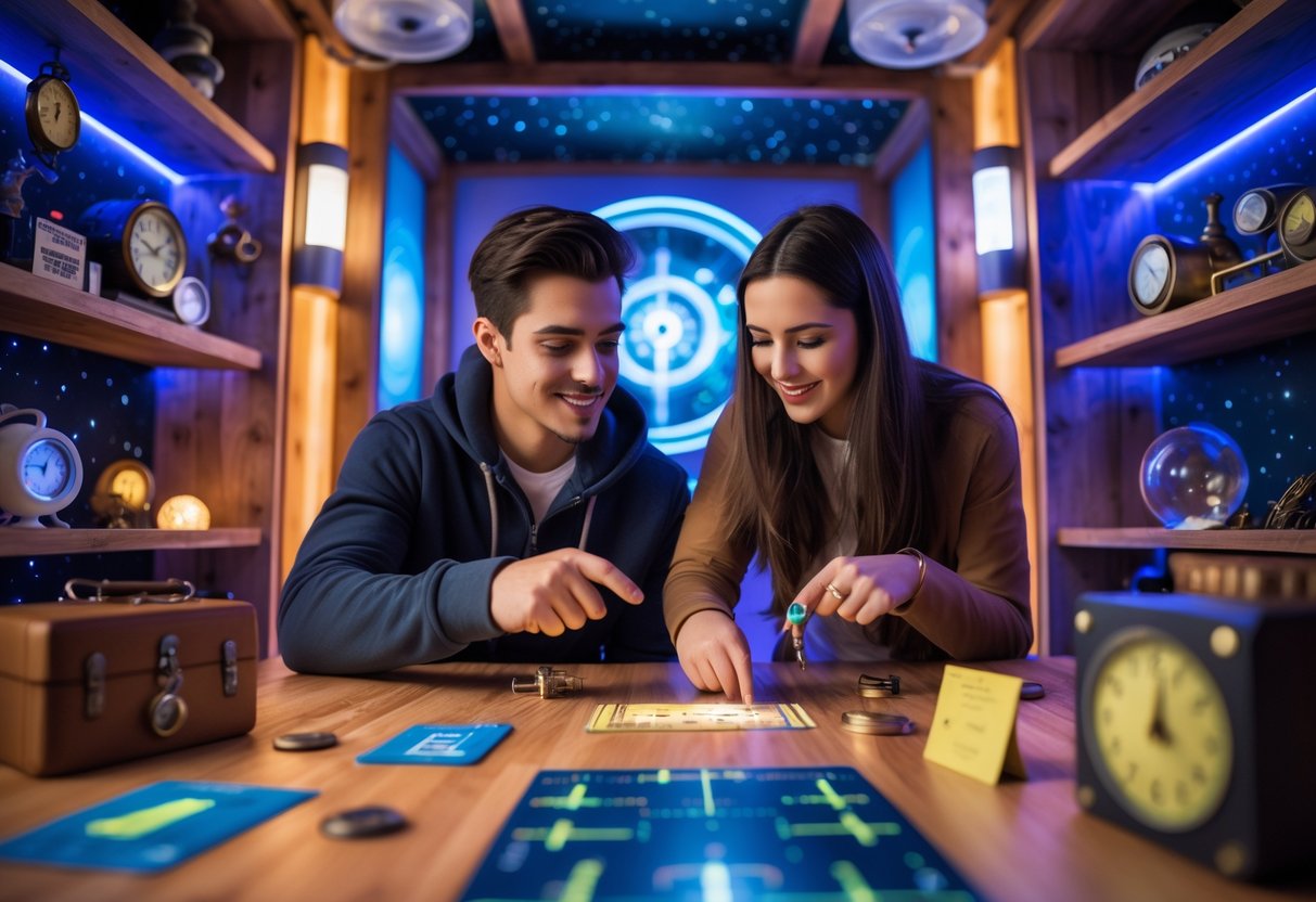 A young couple working together on puzzles inside a themed escape room filled with clocks, gadgets, and space-related decor.