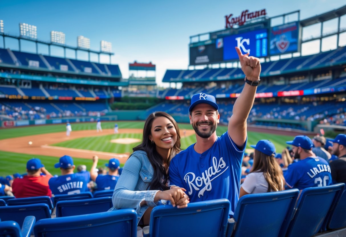 A couple enjoying a Royals baseball game at Kauffman Stadium with fans and players visible in the background.