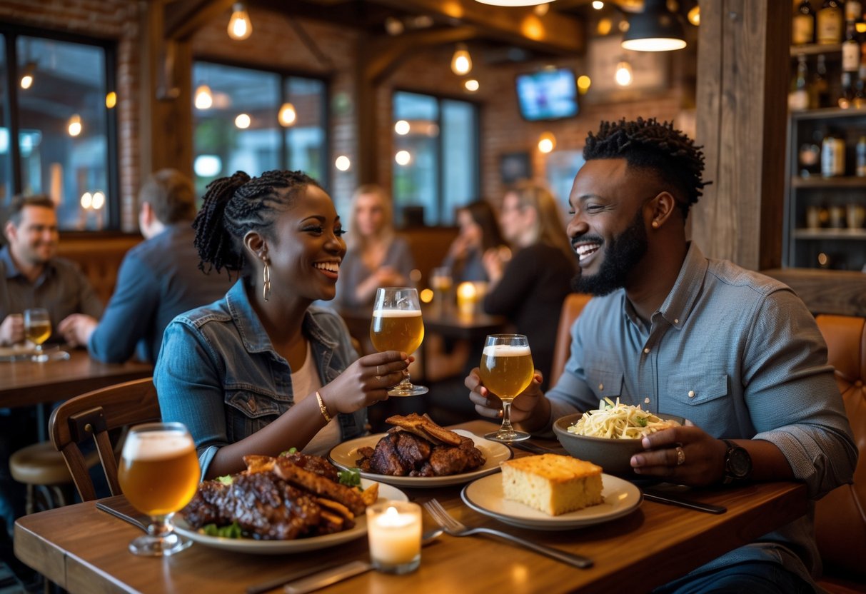 A couple enjoying dinner together at a cozy restaurant with smoked barbecue dishes and craft beers.