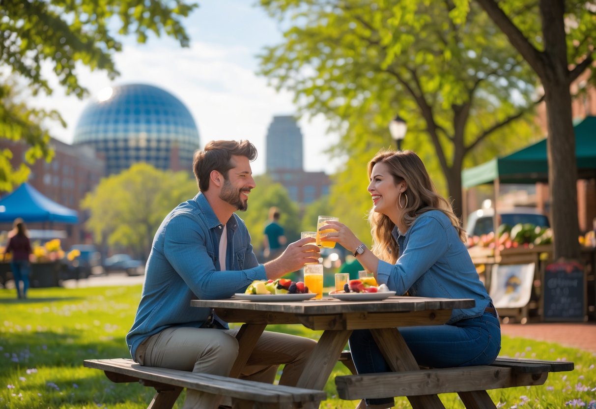 A young couple enjoying a sunny picnic in a green park with the Sunsphere visible in the background.