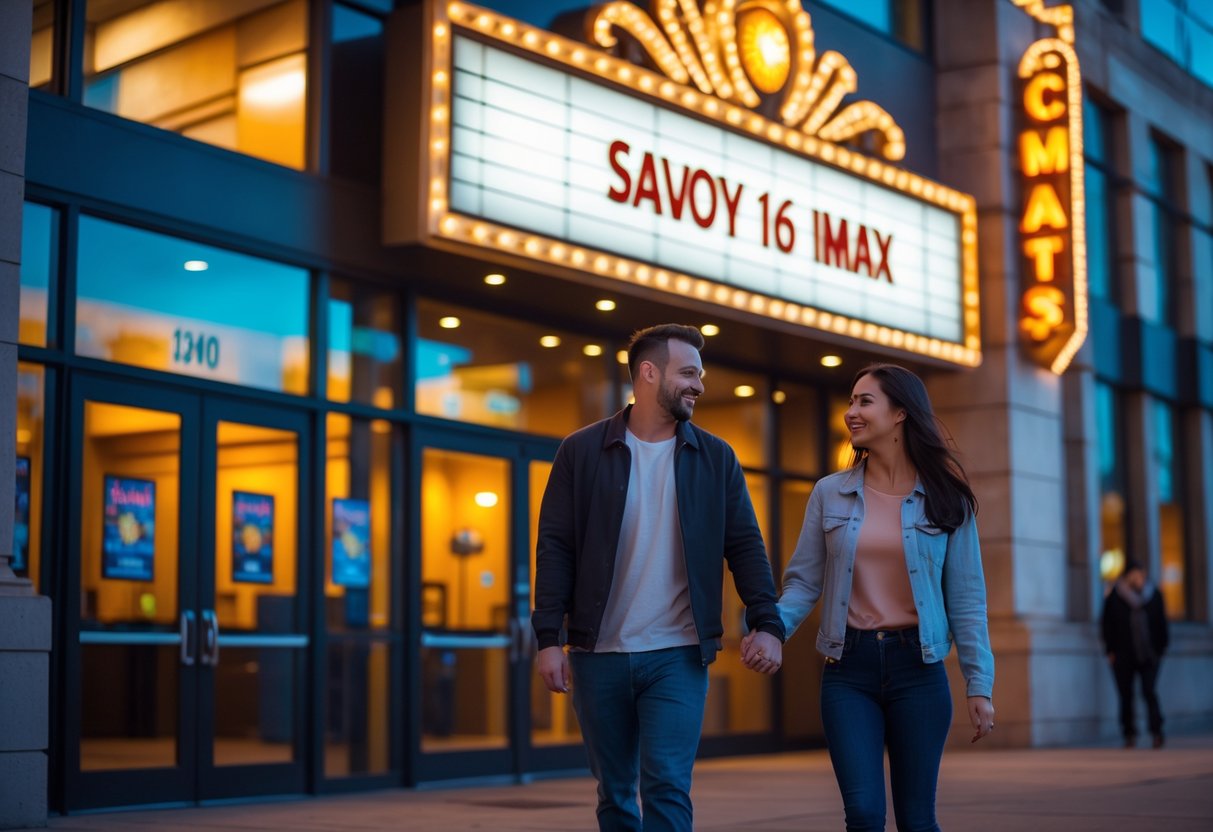 A couple holding hands and walking toward the entrance of a movie theater at night.