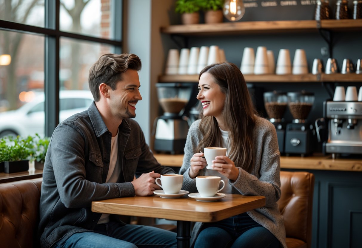 A young couple enjoying coffee together at a cozy coffee shop table.