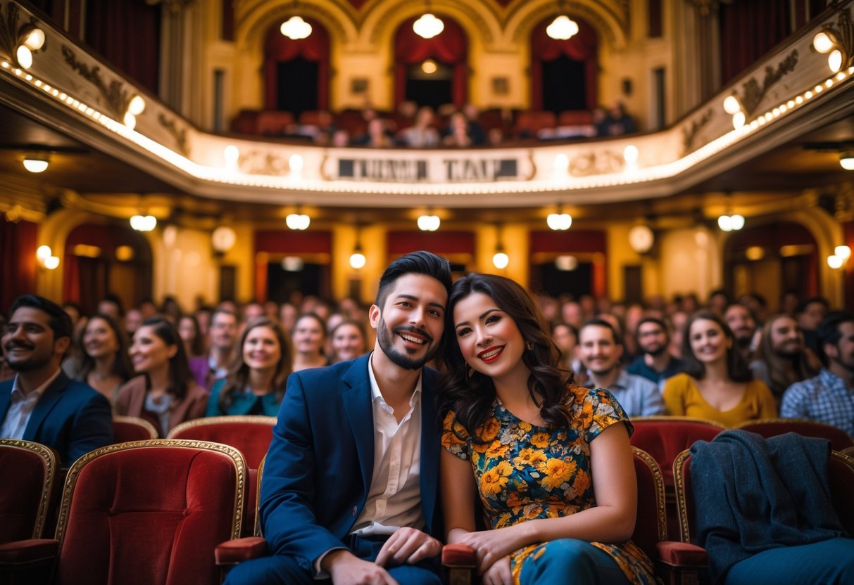 A couple enjoying a live show together inside an ornate historic theater with other audience members around them.
