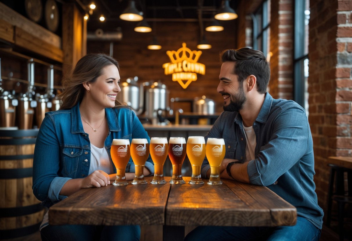 A couple enjoying craft beer together at a cozy brewery with warm lighting and rustic decor.