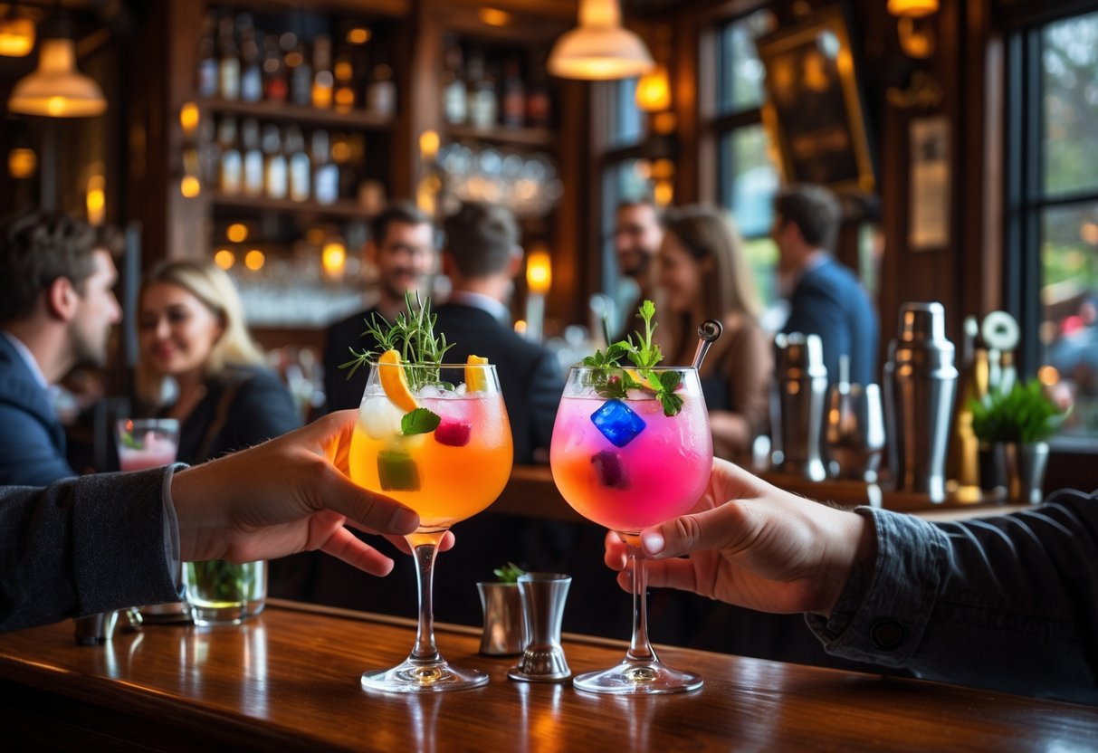 Two people clinking colorful craft cocktail glasses at a wooden bar inside a cozy pub.