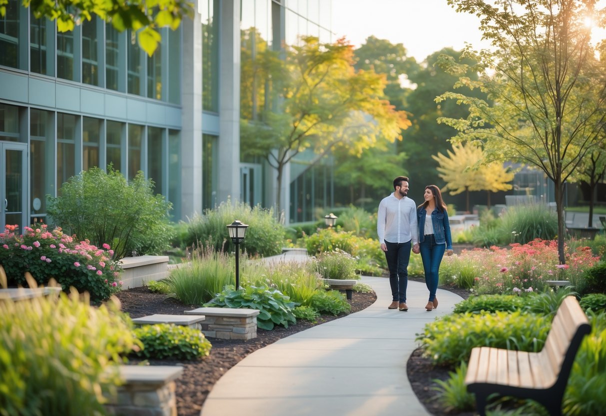 A young couple walking along a garden path surrounded by flowers and greenery near a modern library building.