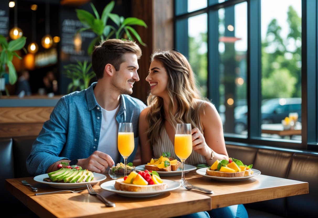 A young couple enjoying brunch together at a sunny restaurant table with plates of food and drinks.