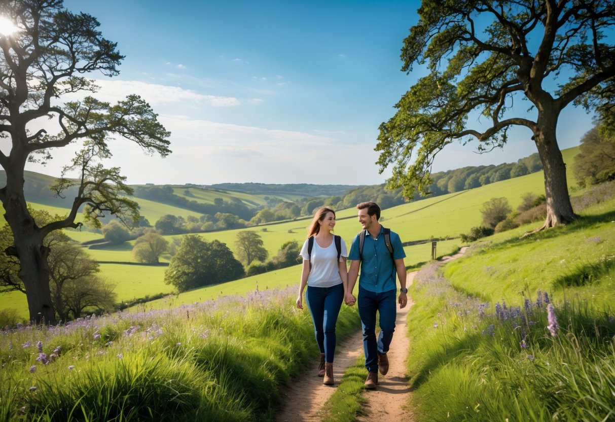 A couple hiking along a green trail in the Kent Downs countryside with rolling hills and trees in the background.