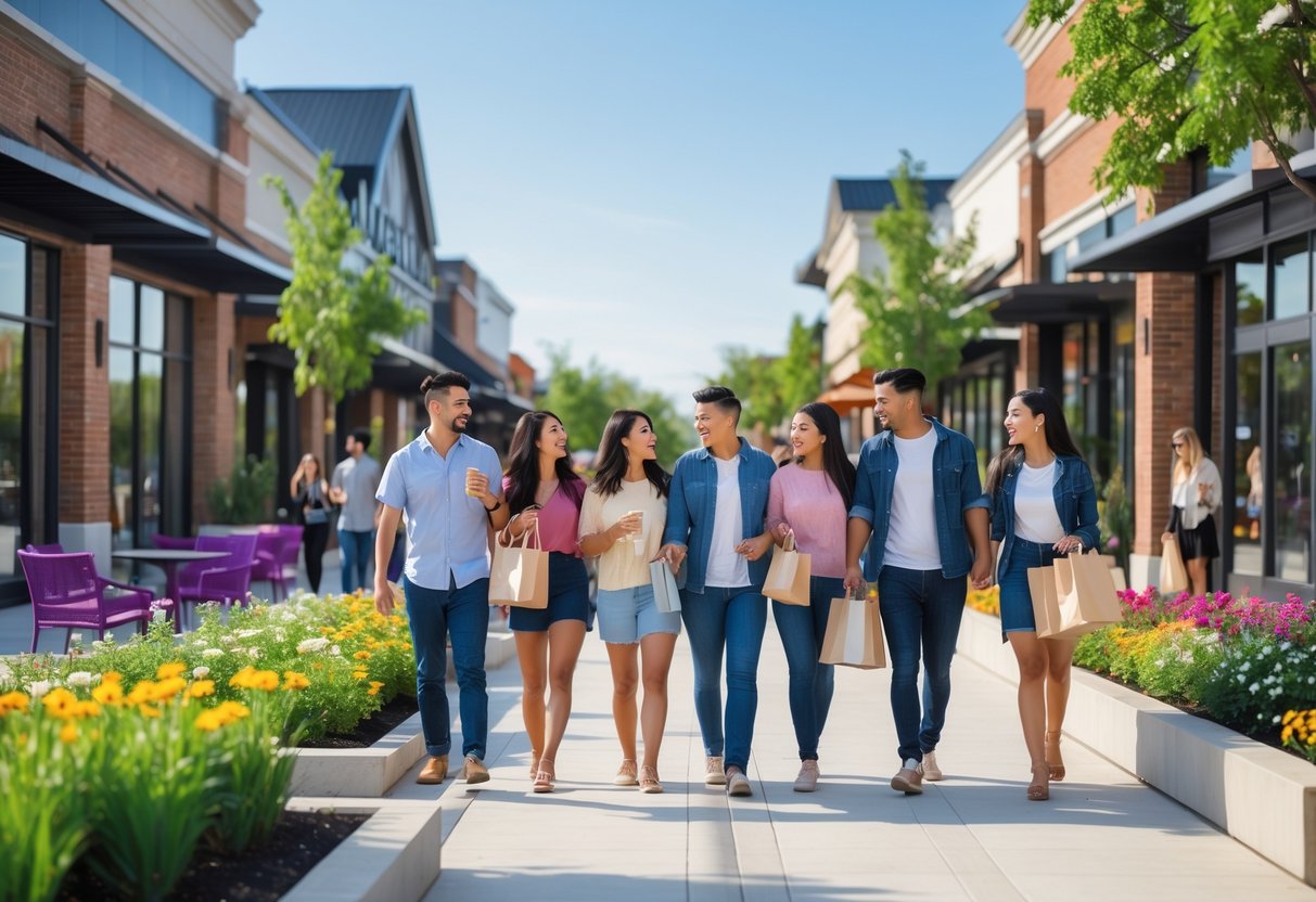 People enjoying a sunny day walking and shopping together at an outdoor shopping center with modern buildings and greenery.