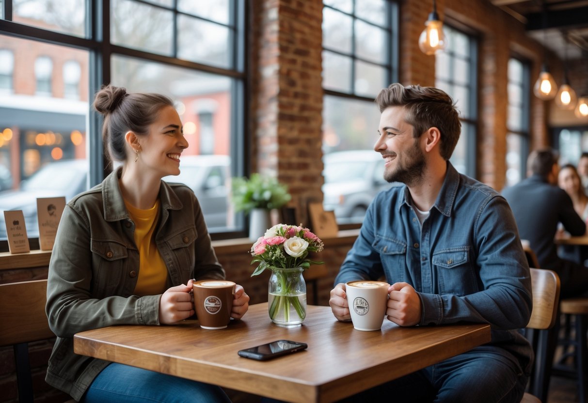 A young couple enjoying coffee together at a small table inside a cozy coffee shop.