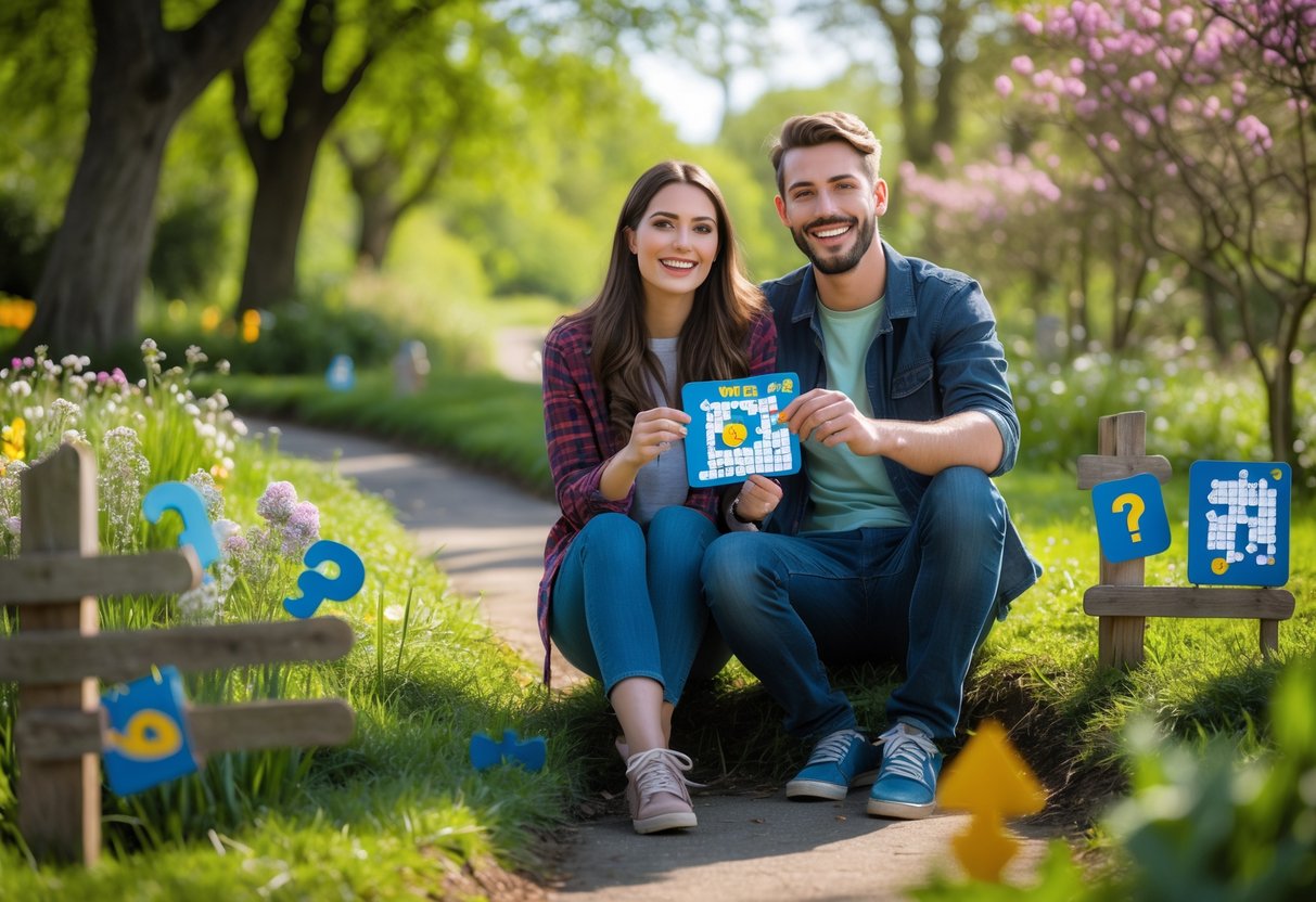 A young couple outdoors in a park, smiling and holding puzzle clues while walking along a leafy path surrounded by trees and flowers.