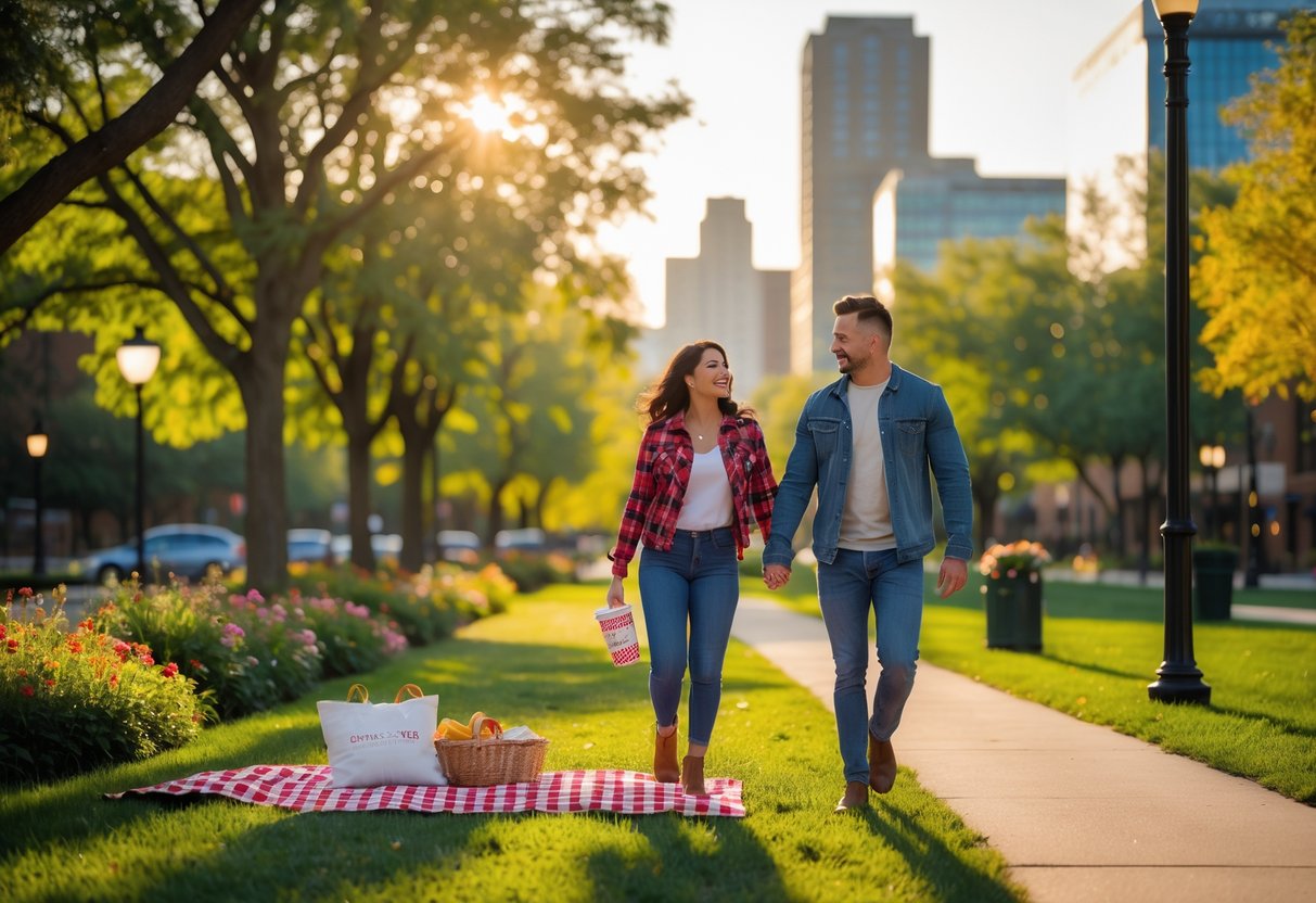 A couple enjoying a sunny outdoor date in a park with trees and city buildings in the background.