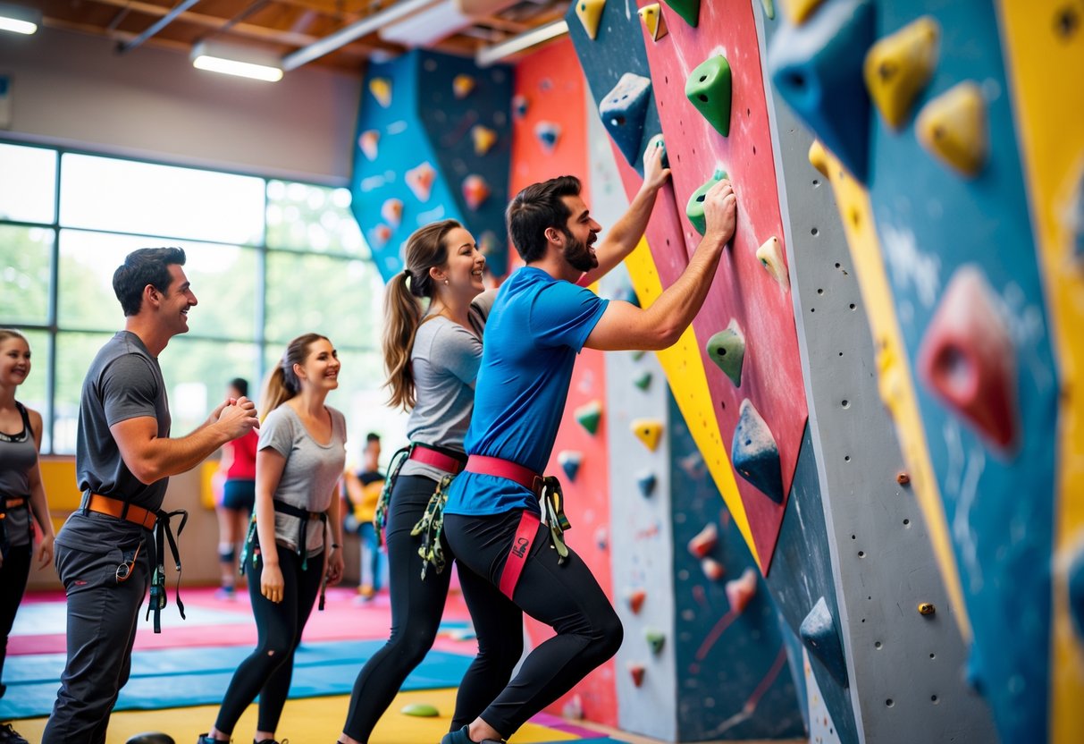 A couple climbing a colorful indoor rock wall together in a bright climbing gym with other people climbing nearby.