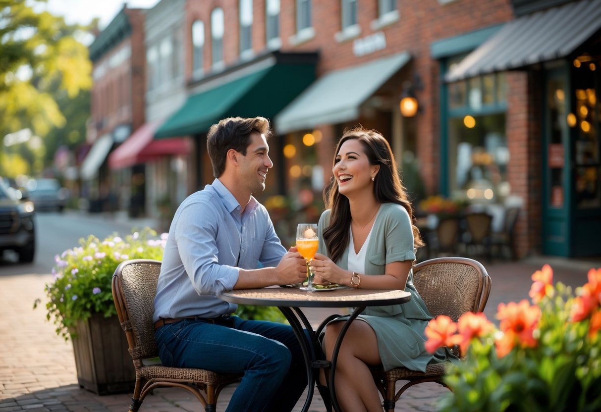 A young couple smiling and talking at an outdoor café table on a sunny day in a small town.