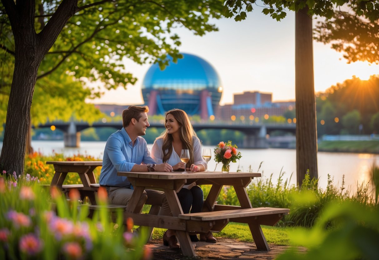 A young couple sitting at a picnic table near the Tennessee River with the Sunsphere in the background, enjoying a sunny outdoor date surrounded by trees and flowers.