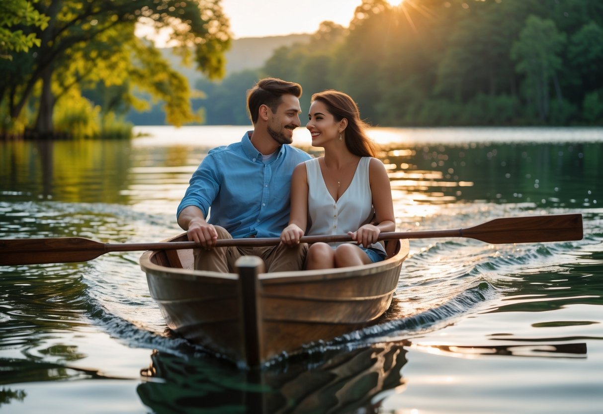 A young couple enjoying a romantic boat ride on a calm lake surrounded by trees during sunset.