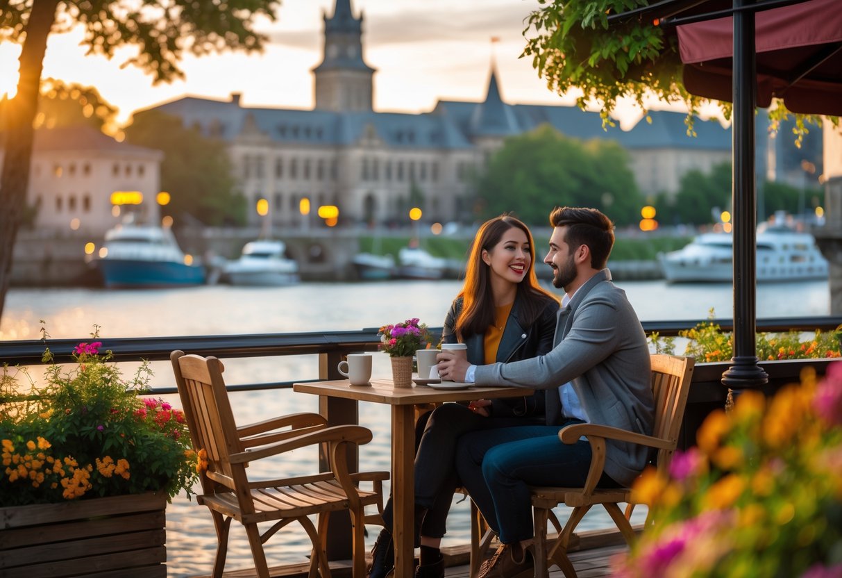 A young couple sitting at a café terrace by the waterfront in Kingston during sunset, enjoying a romantic date with boats and historic buildings in the background.