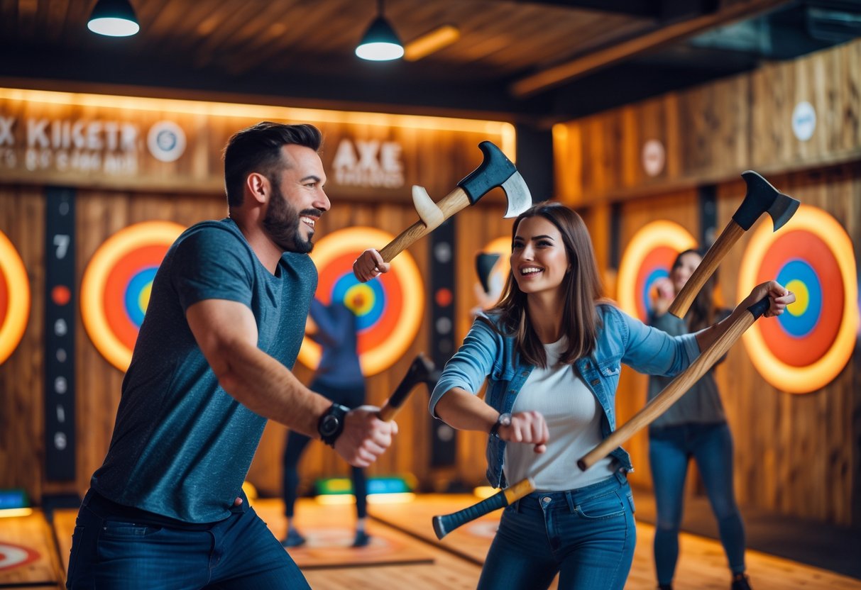A couple smiling and throwing axes at wooden targets inside an indoor axe throwing venue.
