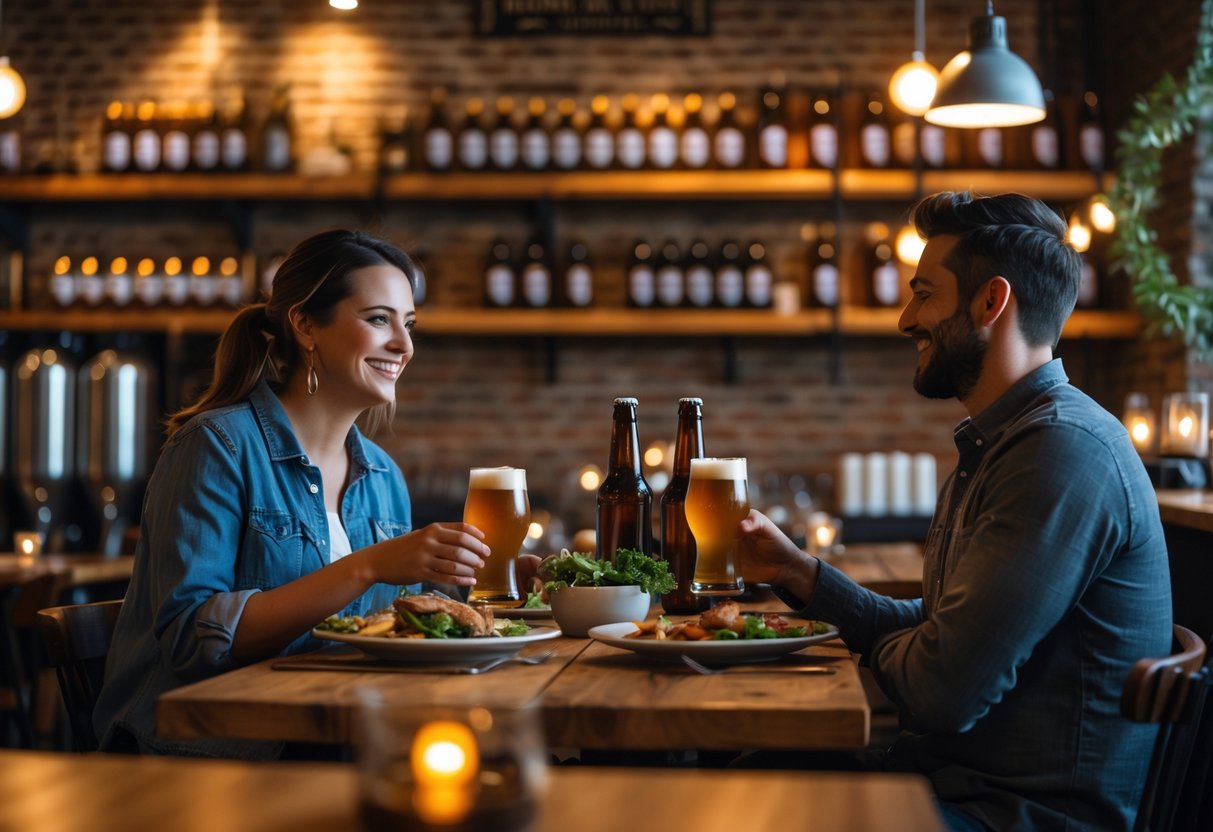 A couple having dinner together at a cozy brewery restaurant with wooden tables and warm lighting.