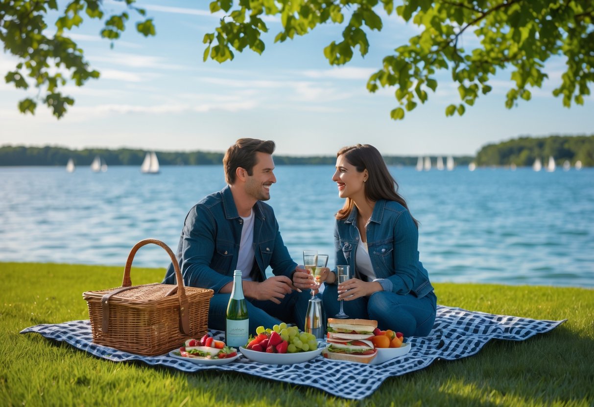A young couple enjoying a picnic on a blanket by the Lake Ontario waterfront with trees and sailboats in the background.