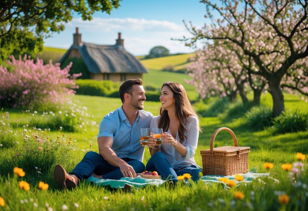A couple enjoying a picnic on green grass surrounded by wildflowers with rolling hills and a cottage in the background.