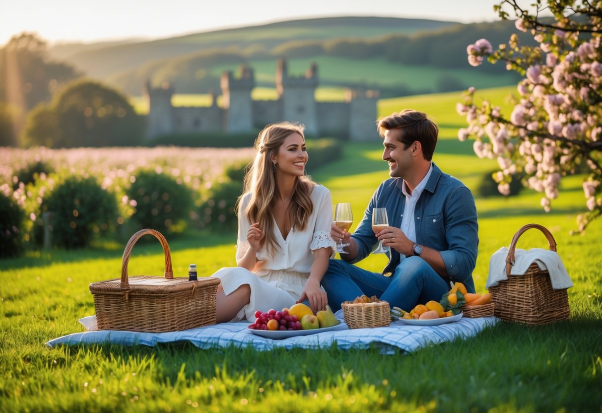 A young couple enjoying a picnic together outdoors in a green countryside setting with rolling hills and a historic building in the background.