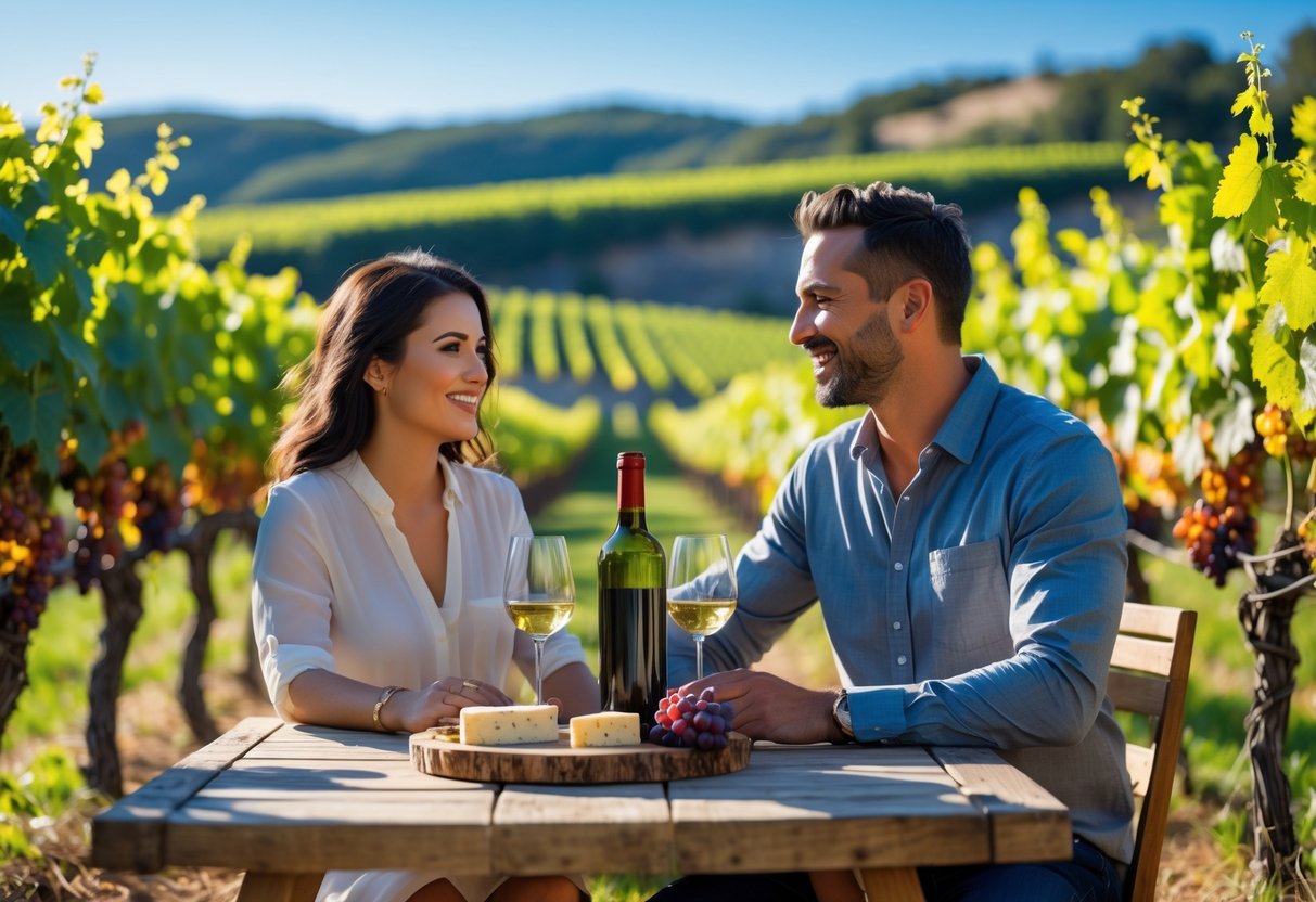 A couple tasting wine together at a wooden table in a vineyard surrounded by green grapevines and rolling hills.