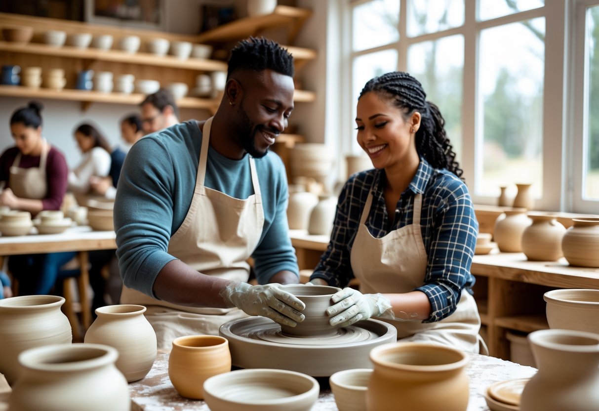 A couple shaping clay together on a pottery wheel in a bright pottery studio filled with ceramic pieces and tools.