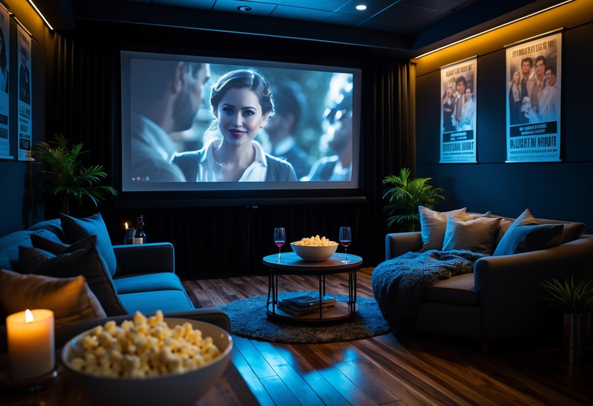 A cozy screening room with a sofa, projector screen, popcorn, wine glasses, and soft lighting set for a movie night date.
