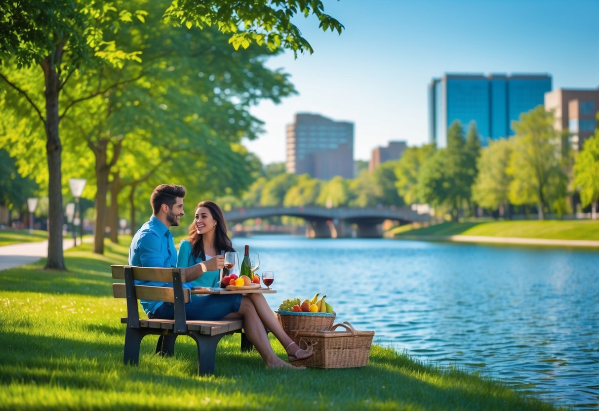 A young couple sitting on a bench by a lake in a park, sharing a picnic on a sunny day.
