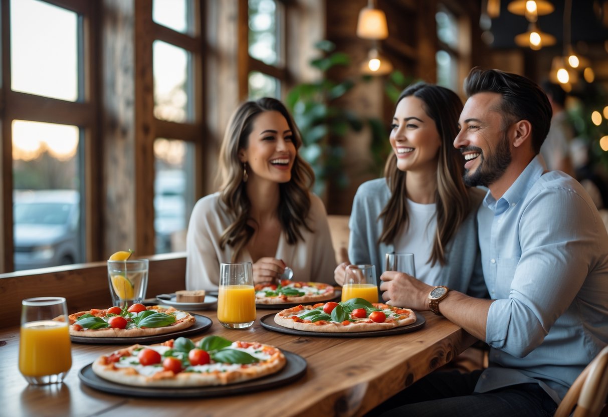 A couple enjoying brunch with gourmet pizzas and drinks at a wooden table in a cozy restaurant.