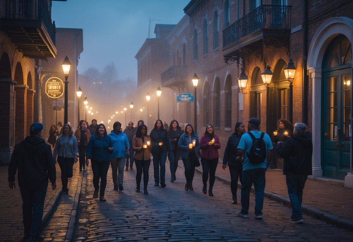 A group of people on a guided ghost tour walking through a historic street in downtown Kingston at dusk.