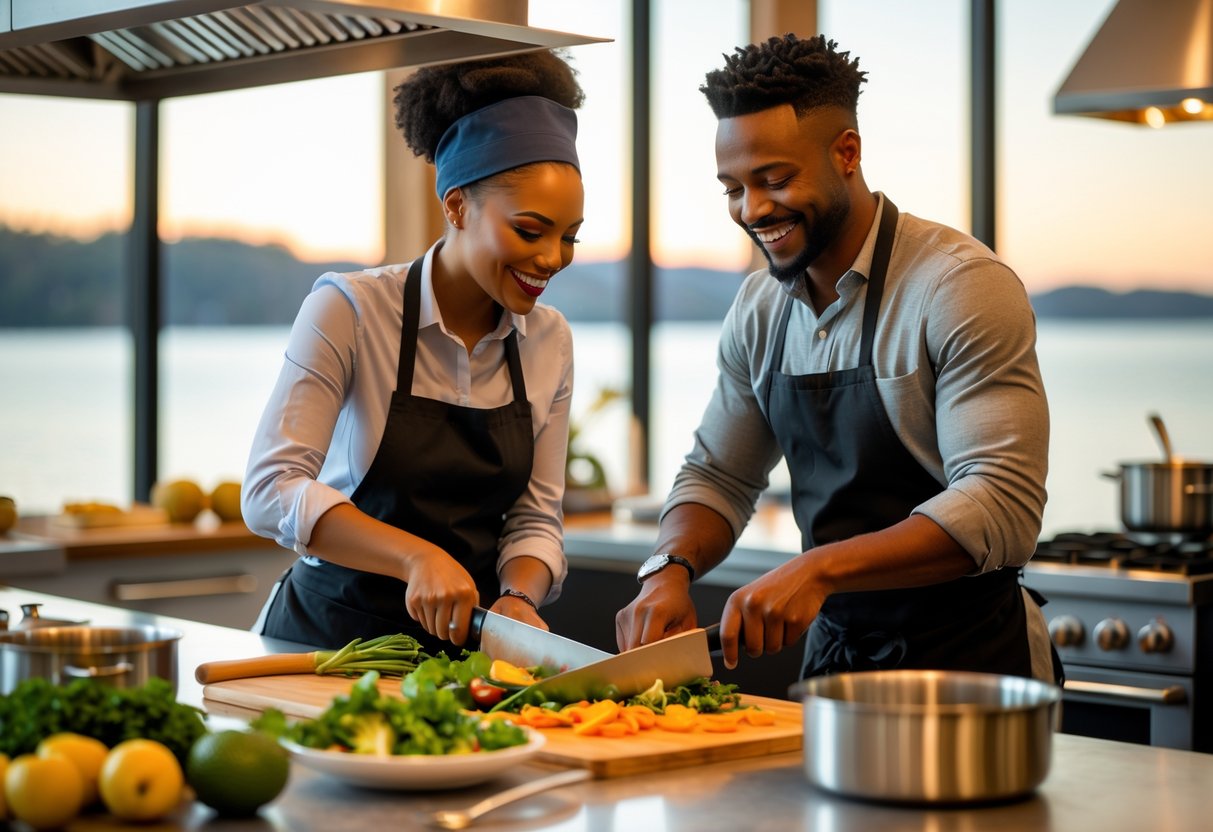 A couple cooking together in a bright kitchen with a lake view, preparing food and smiling.