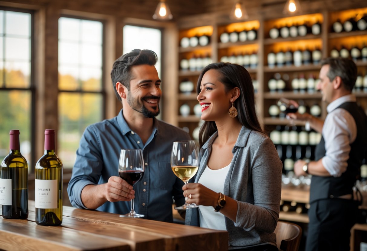 A couple tasting wine together in a cozy wine tasting room with wooden tables and shelves of wine bottles.