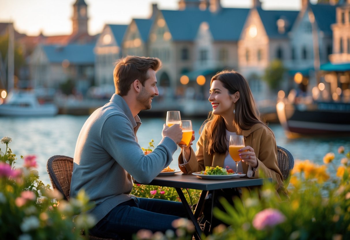 A young couple enjoying a romantic outdoor date near the waterfront with historic buildings and boats in the background.