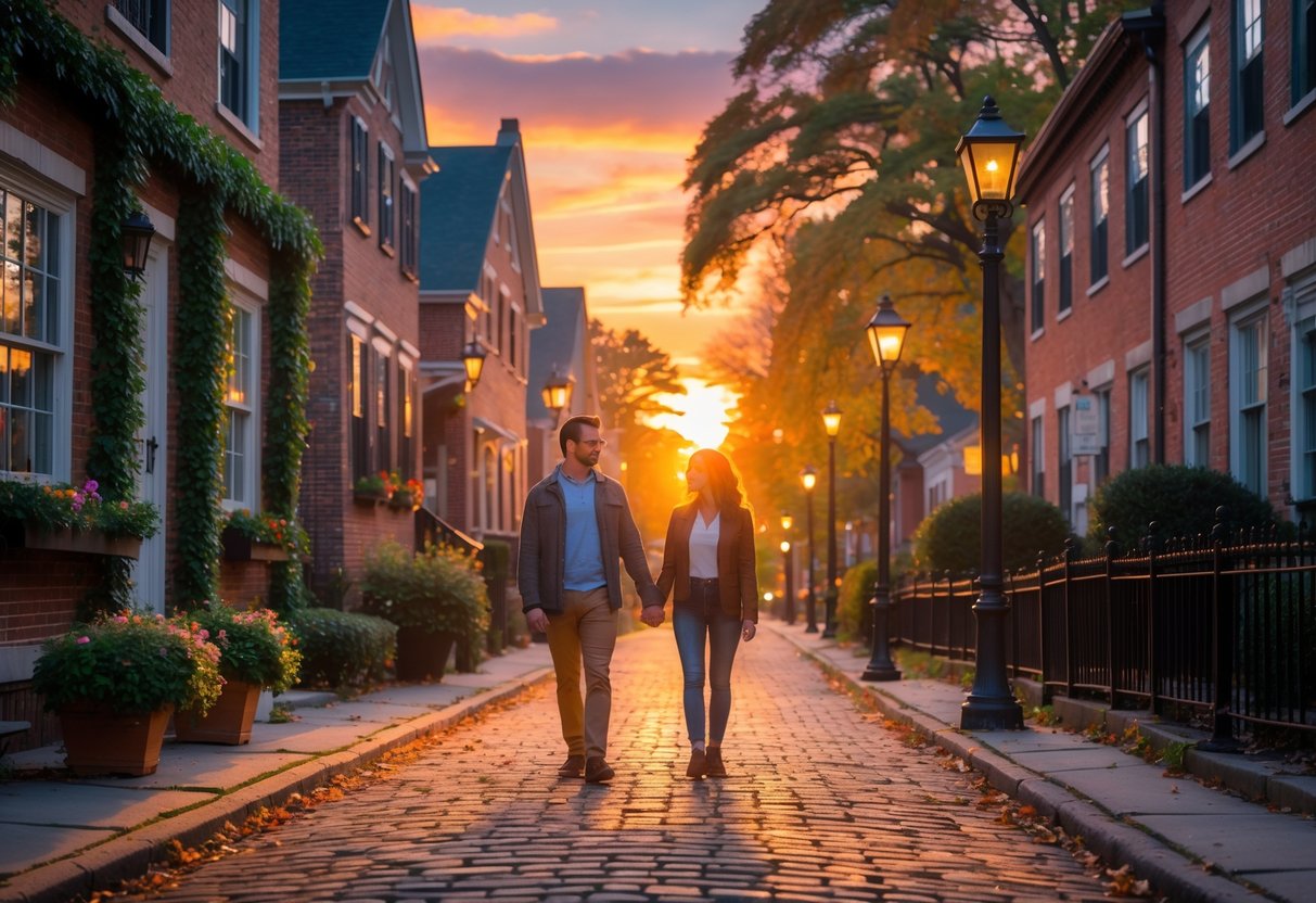 A couple walking hand in hand along a cobblestone street lined with historic brick houses at sunset in German Village, Columbus, Ohio.