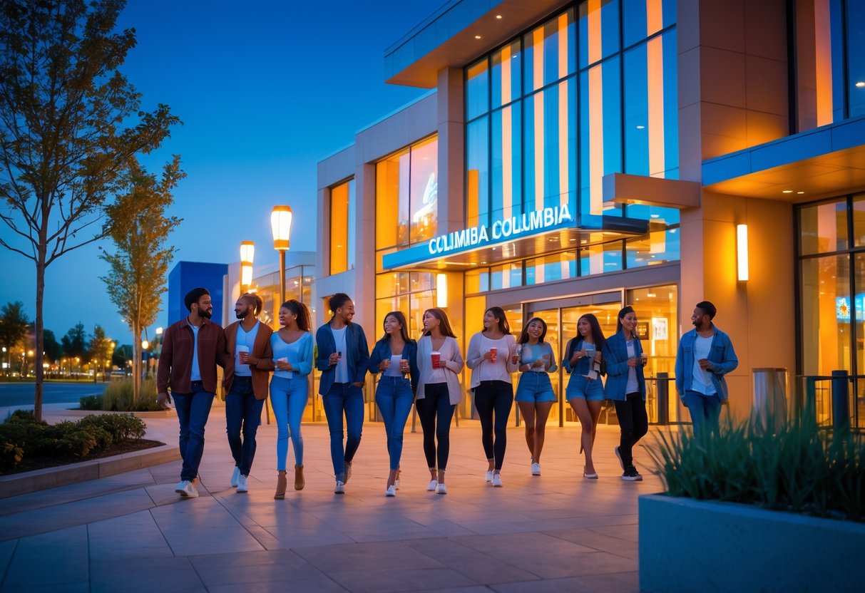 People enjoying a movie night outside a brightly lit cinema at a shopping mall in Columbia, Maryland.