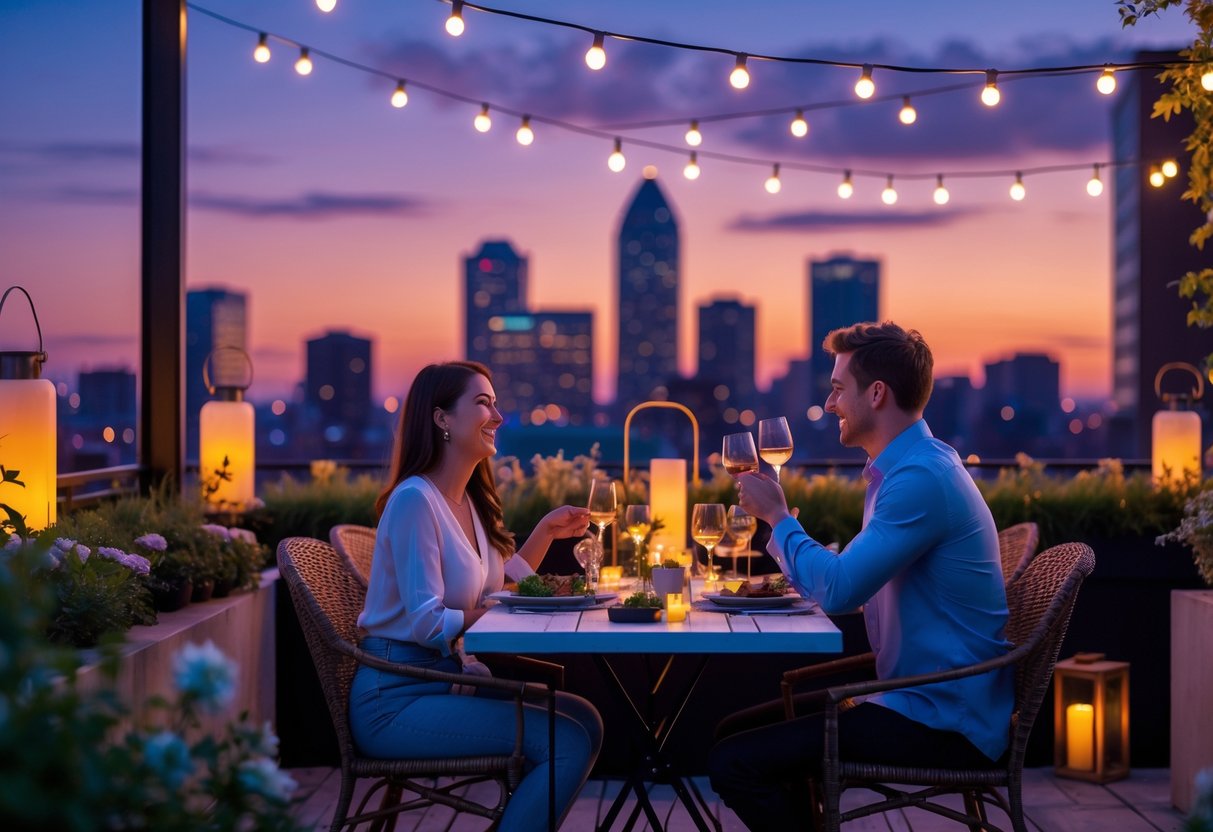 A young couple enjoying a romantic outdoor dinner on a rooftop overlooking the Columbus city skyline at twilight.