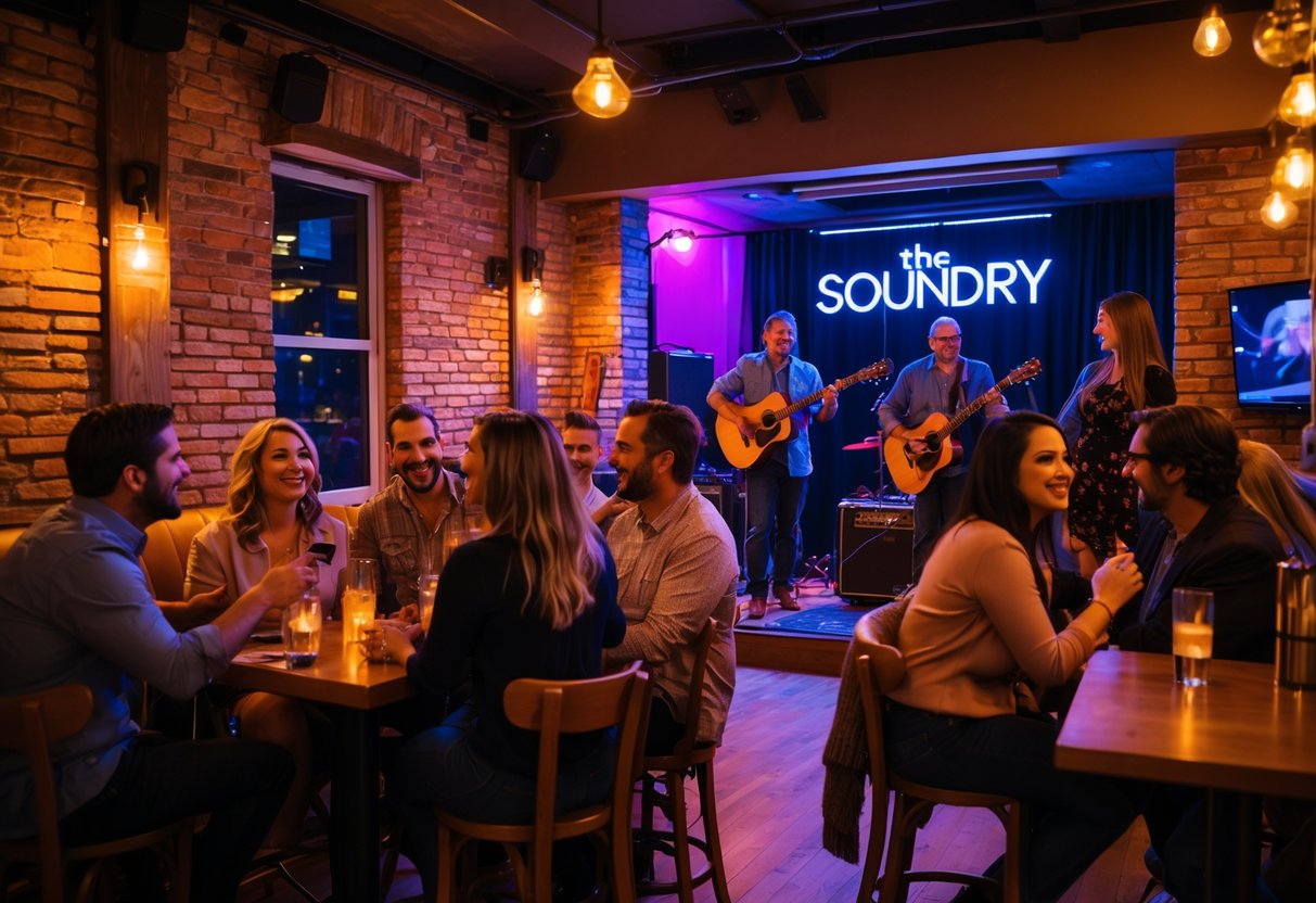 Couples enjoying live music at a cozy venue with a band performing on stage and warm ambient lighting.