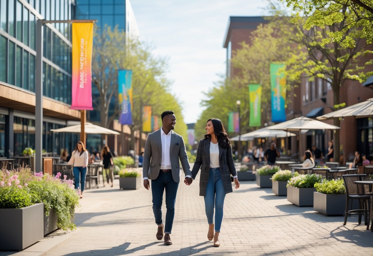 A couple walking together along a tree-lined pedestrian street in a lively urban district with modern buildings and outdoor cafes.