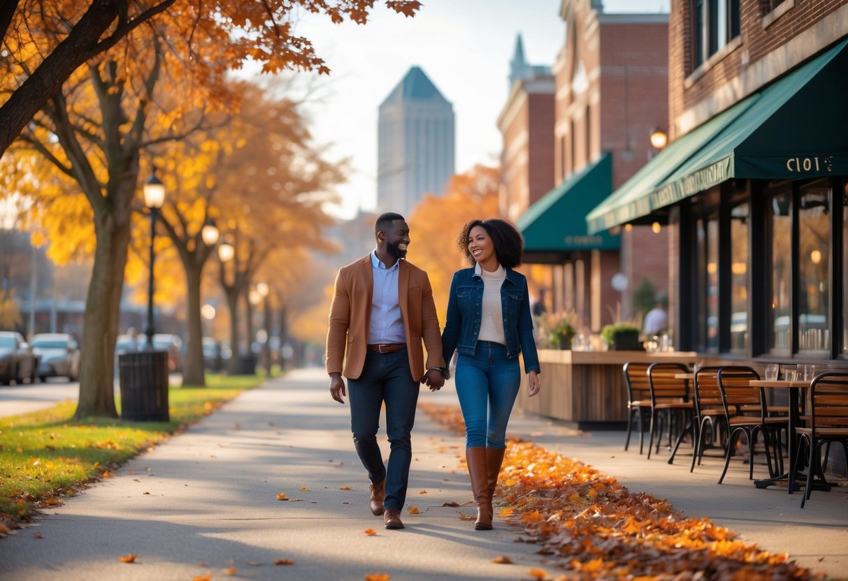 A couple walking hand-in-hand along a tree-lined path with autumn leaves in Columbus, Ohio, with city landmarks visible in the background.