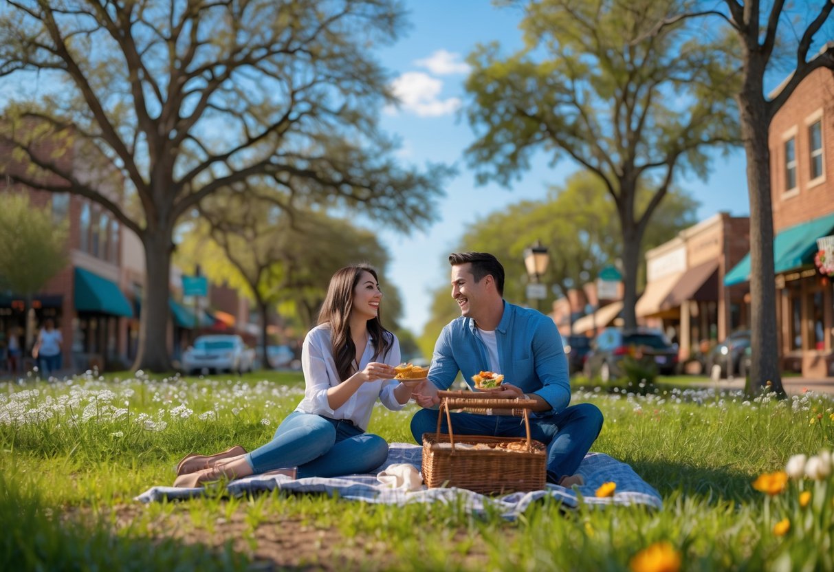 A young couple enjoying a picnic in a green park with trees and wildflowers, with a small-town street and shops in the background.