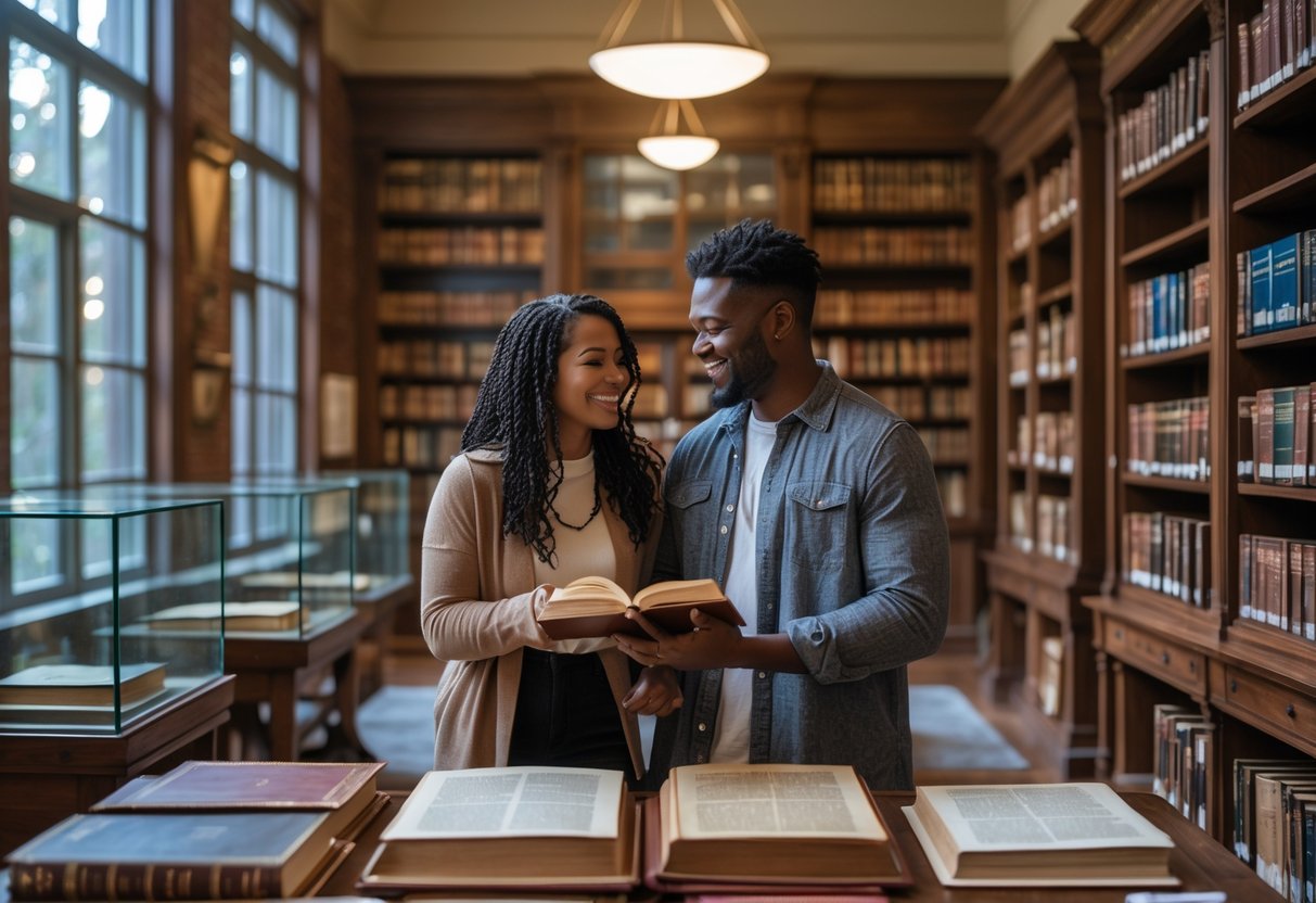A young couple browsing rare books in a library's special collections room filled with wooden shelves and natural light.